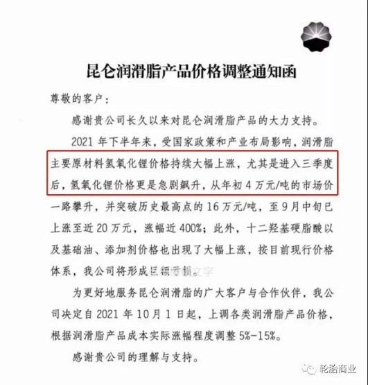 昆侖潤滑油漲價5-15%