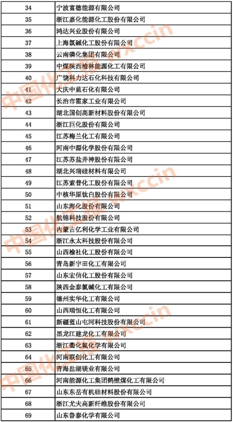 2021中國基礎(chǔ)化學(xué)原料制造業(yè)百強企業(yè)34-69強
