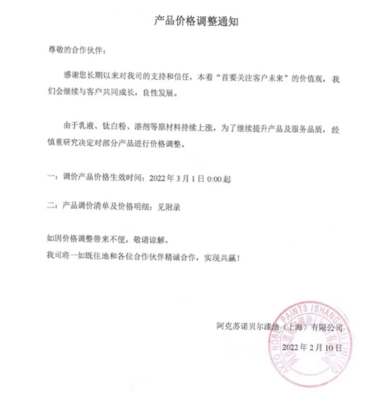 阿克蘇諾貝爾漲價
