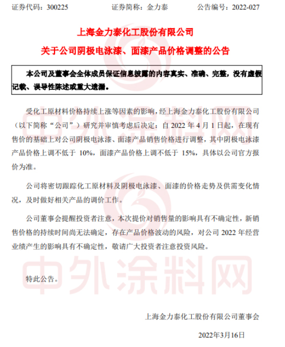 陰極電泳漆產(chǎn)品價格上調(diào)不低于10%，面漆產(chǎn)品價格上調(diào)不低于15%。