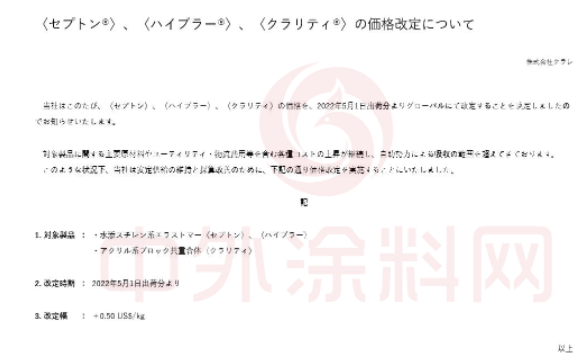 　可樂麗自5月1日起，對(duì)氫化苯乙烯基熱塑性彈 性體“Septon”和“Hyblur”以及丙烯酸嵌段共聚物“Clarity”的全球價(jià)格進(jìn)行上調(diào)，漲幅為500美元/噸(約3158元/噸)。