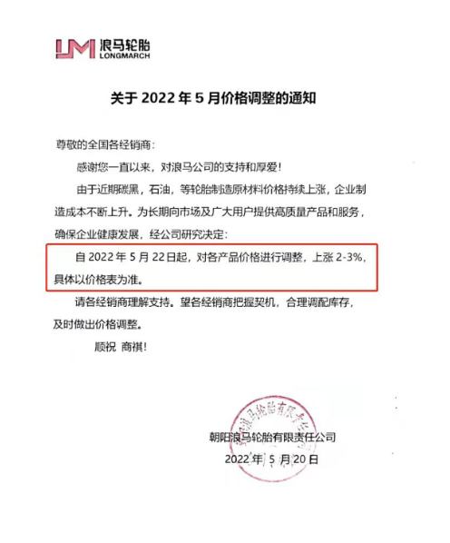 浪馬輪胎宣布漲價 由于近期輪胎制造原材料價格持續(xù)上漲使得輪胎制造成本上升，浪馬輪胎宣布自5月22日起，對各產(chǎn)品價格進行調(diào)整，上漲2%-3%。