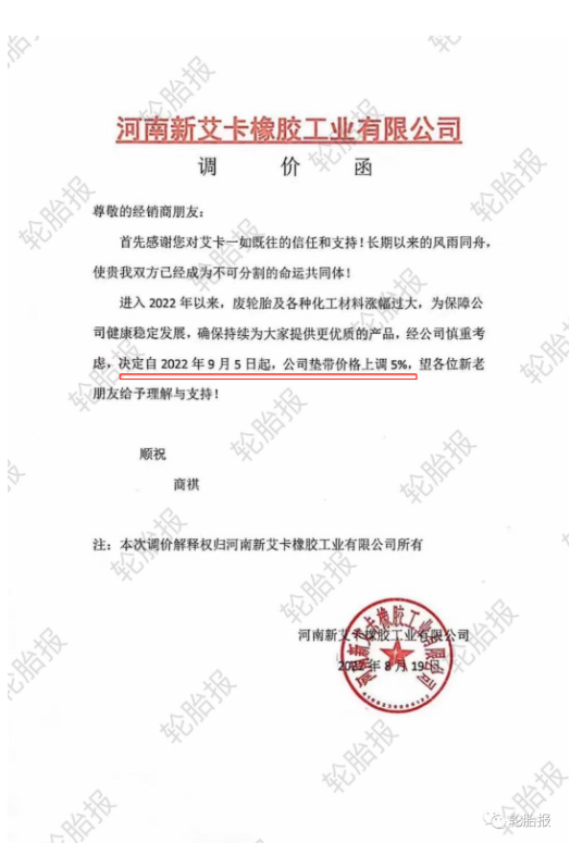 2022年8月19日，河南新艾卡橡膠工業(yè)有限公司發(fā)布產品漲價通知。