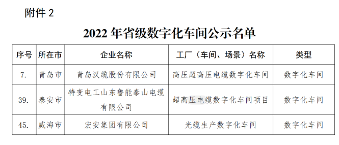 青島漢纜、特變電工山東魯能泰山電纜、宏安集團入選2022年省級數(shù)字化車間公示名單
