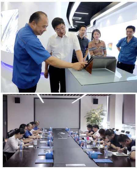 沈董對各位領(lǐng)導(dǎo)蒞臨企業(yè)考察表示歡迎。在參觀了生產(chǎn)車間和綜合展廳后，沈董向穆運(yùn)安一行介紹了公司發(fā)展歷程、主導(dǎo)產(chǎn)業(yè)、國內(nèi)外市場等情況，特別是近年來雙箭在推動創(chuàng)新改革，自動化、智能制造等方面所取得的各項(xiàng)成果。并就公司堅持創(chuàng)新驅(qū)動發(fā)展，不斷加大科技研發(fā)投入，加快推進(jìn)產(chǎn)品迭代升級，提高核心產(chǎn)品市場占有率、競爭力等方面的工作作了匯報交流。