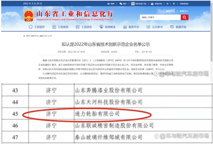 5月23日，山東省工業(yè)和信息化廳公布“2022年山東省技術(shù)創(chuàng)新示范企業(yè)”擬認(rèn)定名單，通力輪胎赫然在列。