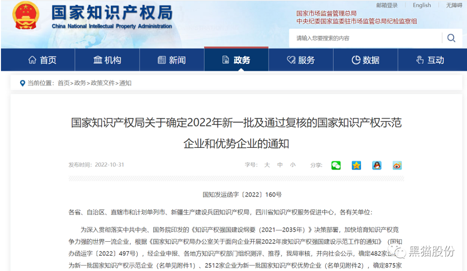 喜報！黑貓股份榮列2022年國家知識產(chǎn)權(quán)優(yōu)勢企業(yè)