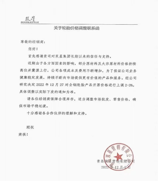 雙星、雙錢、成山、玲瓏 宣布12月份漲價(jià)