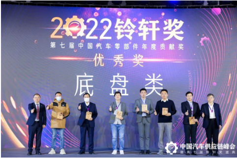 玲瓏輪胎副總裁馮寶春(左三)、高級(jí)總監(jiān)魏勝(右二)上臺(tái)領(lǐng)獎(jiǎng)