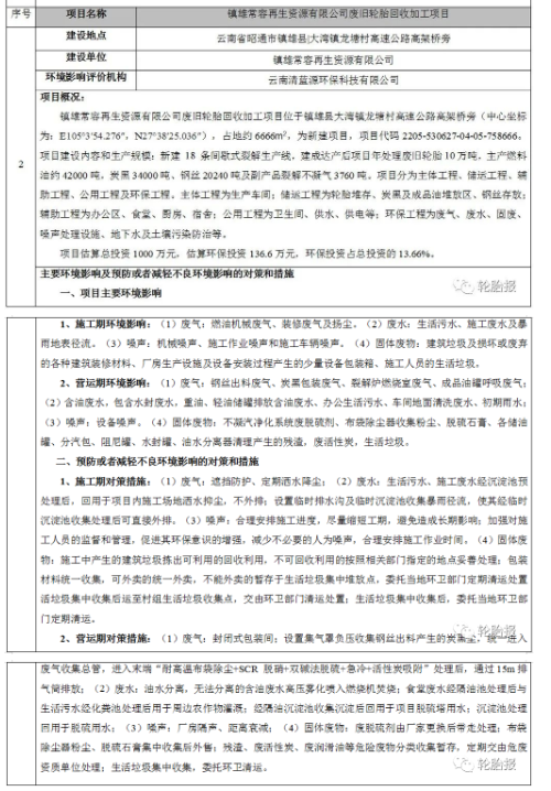 總投資1000萬元，年處理10萬噸廢舊輪胎環(huán)評審批公示