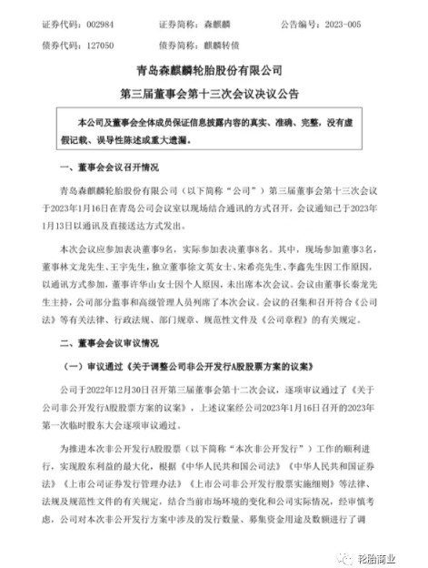 森麒麟調整定增預案，調減募資金額，提升募資價格