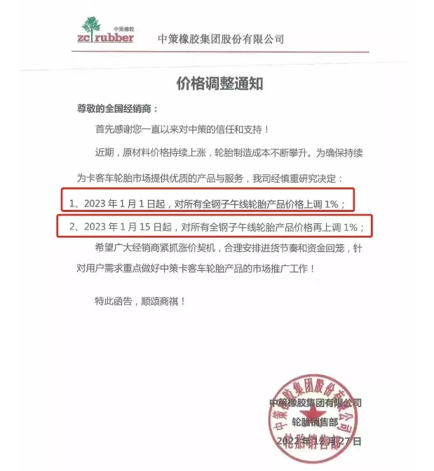 而這已經(jīng)是中策兩個(gè)月之內(nèi)的三連漲了。此前中策決定自1月1日起，對(duì)所有全鋼子午線(xiàn)輪胎產(chǎn)品價(jià)格上調(diào)1%;自1月15日起對(duì)上述產(chǎn)品價(jià)格再上調(diào)1%。