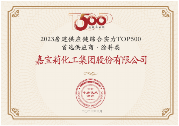 日前，房建供應鏈綜合實力TOP500-首選供應商服務商品牌測評研究報告發(fā)布，嘉寶莉憑借綜合實力再次蟬聯(lián)房建供應鏈綜合實力TOP500強首選供應商(涂料類)榜單，并連續(xù)7年蟬聯(lián)該榜單。同時，嘉寶莉攬獲另外其他10項大獎。