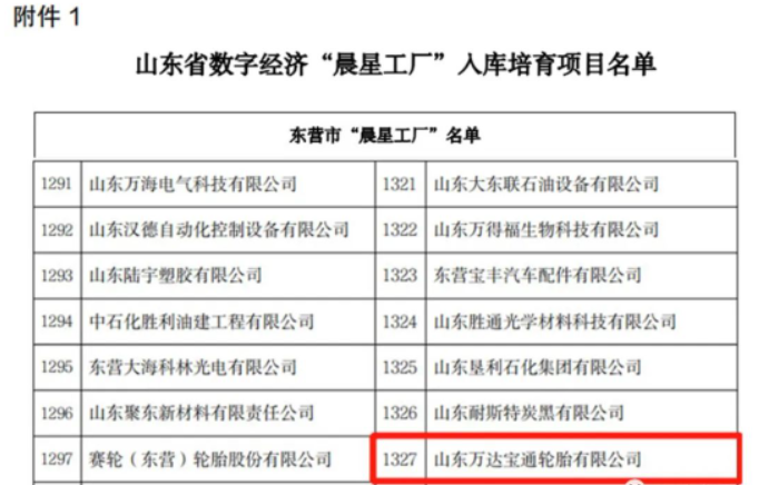 山東省工業(yè)和信息化廳近日發(fā)布了《關于開展數(shù)字經(jīng)濟“晨星工廠”入庫培育工作的通知》。山東萬達寶通輪胎有限公司憑借其先進的生產(chǎn)制造技術和產(chǎn)業(yè)智能化系統(tǒng)的優(yōu)勢，成功入選該計劃。這也是該公司為推動數(shù)字經(jīng)濟發(fā)展，加快傳統(tǒng)制造業(yè)數(shù)字化、智能化轉(zhuǎn)型升級工作所獲得的又一榮譽。