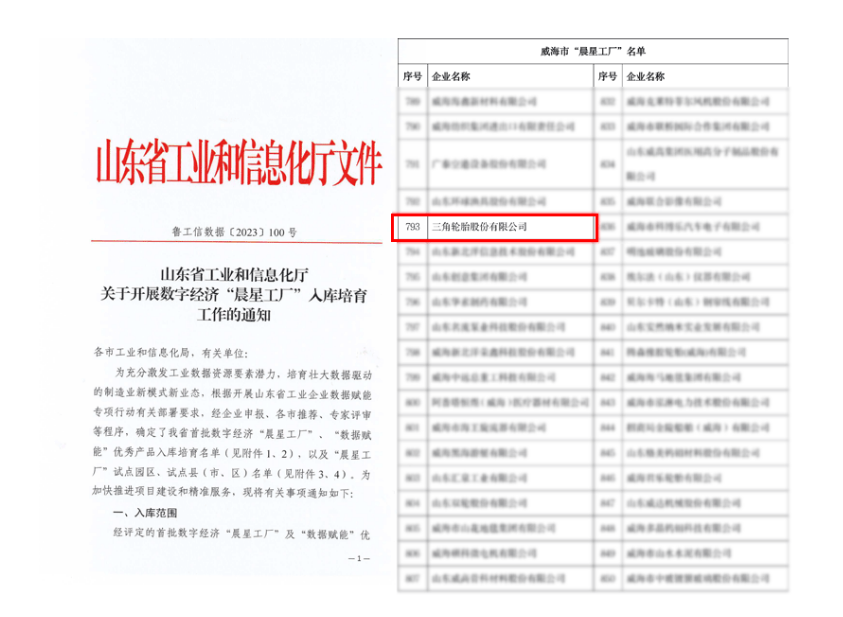 數(shù)字化升級成果顯著，三角輪胎榮登山東省“晨星工廠”