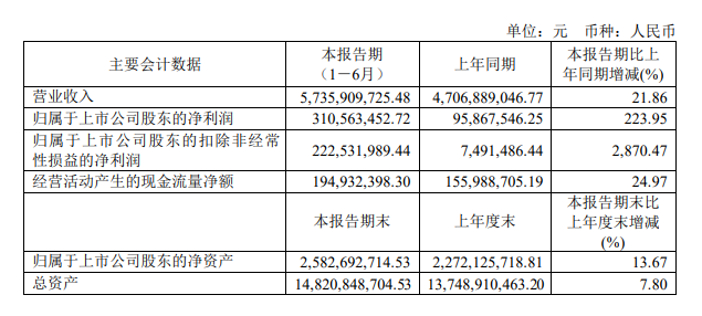 7月30日，三棵樹（603737）發(fā)布2023年半年度報告。財報顯示，公司今年上半年實現營業(yè)收入57.36億元，同比增長21.86%；歸母凈利潤為3.106億元，同比大幅增長224%。