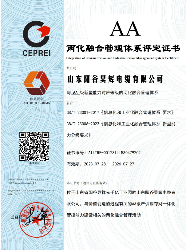 ，山東陽谷昊輝電纜有限公司在兩化融合管理體系貫標(biāo)工作取得階段性成果，成功通過體系評(píng)定，并獲得由國(guó)家工信部授權(quán)的評(píng)定機(jī)構(gòu)——廣州賽寶認(rèn)證中心服務(wù)有限公司頒發(fā)的兩化融合管理體系A(chǔ)A級(jí)評(píng)定證書。