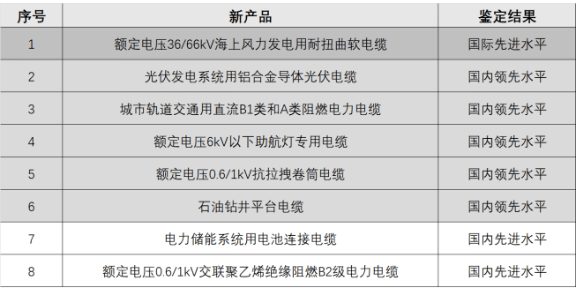 新疆維吾爾自治區(qū)工信廳科技質(zhì)量處副處長陳捷在開工典禮上對新纜廠自主研發(fā)的8款創(chuàng)新產(chǎn)品技術(shù)進(jìn)行了權(quán)威鑒定。據(jù)了解，其中一款名為“額定電壓36/66千伏海上風(fēng)力發(fā)電用耐扭曲軟電纜”的產(chǎn)品達(dá)到了國際先進(jìn)水平。此外，還有名為“鋁合金芯光伏線”和“儲能系統(tǒng)用電池連接電纜”的7款產(chǎn)品達(dá)到了國內(nèi)先進(jìn)水平。
