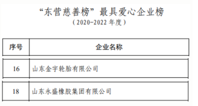 與此同時，金宇輪胎和永盛橡膠還榜上有名，入選了東營市最具愛心企業(yè)榜，這反映出這些企業(yè)在社會公益事業(yè)上的積極參與和貢獻。