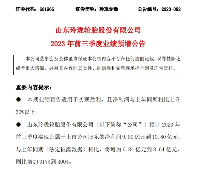 日前，山東玲瓏輪胎股份有限公司發(fā)布了2023年前三季度業(yè)績(jī)預(yù)增公告，預(yù)計(jì)實(shí)現(xiàn)歸屬于上市公司股東的凈利潤(rùn)9.00億元到10.80億元，同比增加317%到400%。