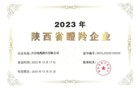 近日，陜西省科學技術廳公布了《2023年陜西省瞪羚企業(yè)》名單，西部電纜陜西有限公司喜獲殊榮，成功入選并獲得“2023年陜西省瞪羚企業(yè)”榮譽稱號。